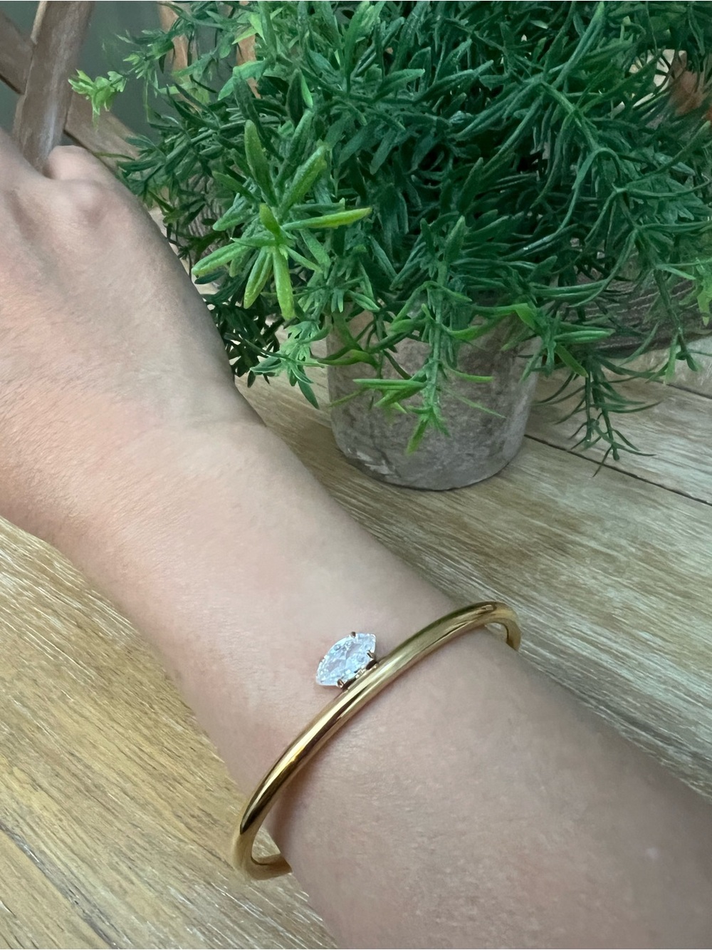 Stainless steel 18K GP Gold Bangle Bracelet with Marquise Cubic Zirconia Accent
